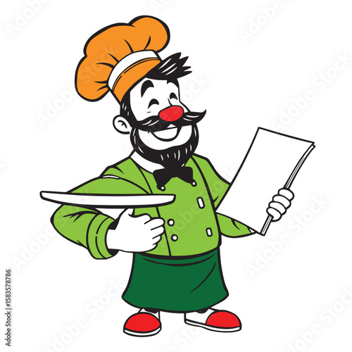 Chef character holding a tray and menu vector design colorful concept illustration.