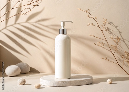 Elegant white lotion bottle with a dispenser pump sits on a textured stone pedestal surrounded by natural elements and soft dappled shadows