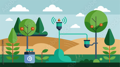 An intelligent irrigation system using sensors to monitor soil moisture levels and adjust watering schedules accordingly.. Vector illustration