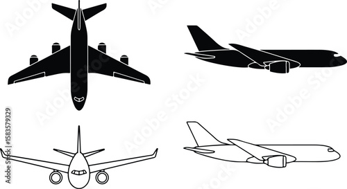 A collection of diverse airplane illustrations, showcasing top, side, and front views in both solid silhouette and line art styles
