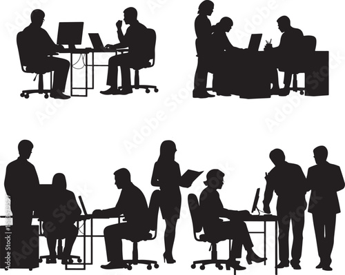 A vector illustration of various black silhouettes of diverse business people at work in an office