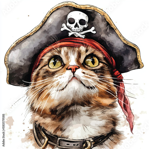 Watercolor Cat Portrait Pirate Hat Red Bandana and Golden Eyes