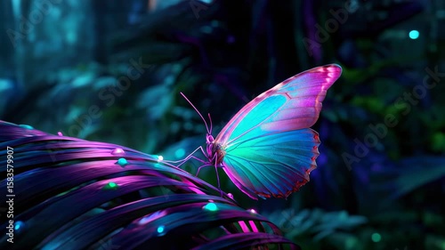 A vibrant and stunning butterfly is beautifully set amidst the lush, rich flora of a jungle