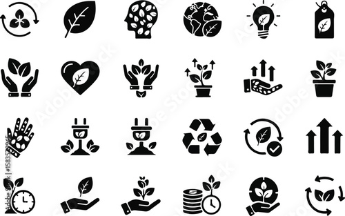 A comprehensive collection of icons representing environmental and ecological concepts, including sustainability, growth, and renewable energy

