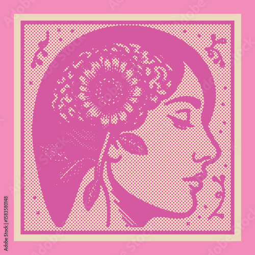  Pink color halftone human brain with flower engraving vector, canvas template stamp design, detailed lined effect illustration, creative medical art, abstract floral neuroscience concept