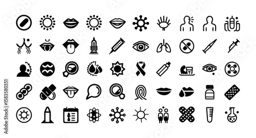 Herpes Virus Line Icon Set – Thin Linear Vector Pictograms of Genital and Oral Herpes, Rash, Lip Sores, Swab Test, Diagnosis, Pills, Cream, Protection, Condom, Hygiene, Sunlight Exposure, and Awarenes