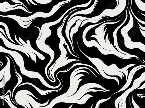 Black and white swirling fluid marble pattern. Monochrome marble design. Smooth graceful black and white satin texture. Vector illustration.