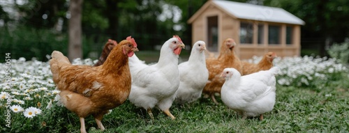 Chickens explore a patch of wildflowers while a charming wooden chicken coop stands in the background, set in a peaceful outdoor scene