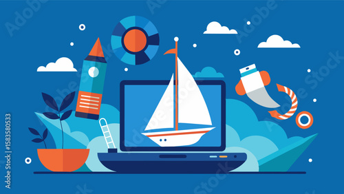 Despite being on a sailboat the laptop seems perfectly at home on the deck surrounded by the crisp clean lines of nautical equipment.. Vector illustration