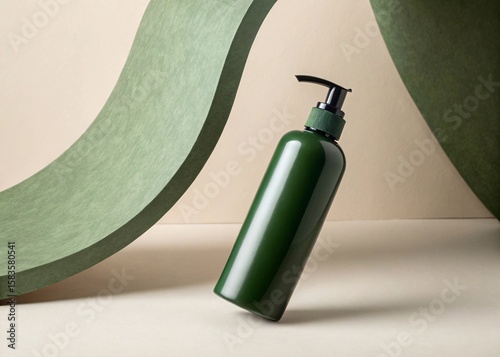 Minimalist Beauty Product Presentation with Abstract Organic Shapes and Dark Green Pump Bottle