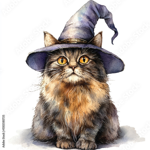 Watercolor Cat Wearing Witch Hat with Intense Golden Eyes