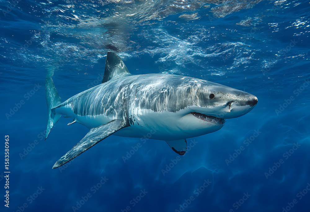 Fototapeta premium Great white shark in deep blue water.