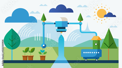 An illustration of a sensorequipped sprinkler system that can automatically adjust watering levels based on realtime weather data.. Vector illustration