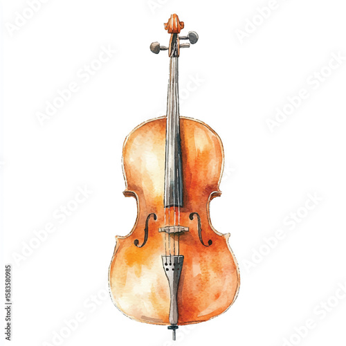 Watercolor Cello Depicted with Detailed Brushstrokes and Warm Tones