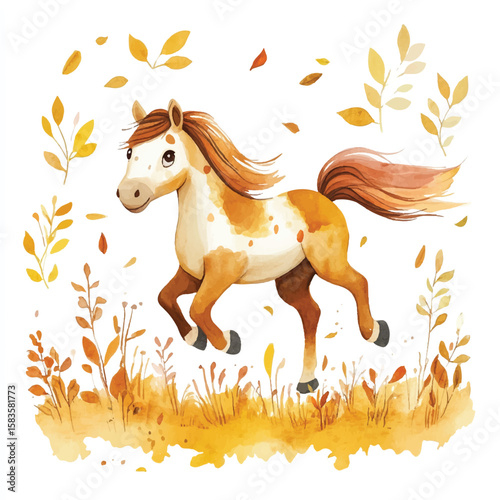 Watercolor Chestnut Horse Trotting Amidst Autumnal Leaves and Foliage