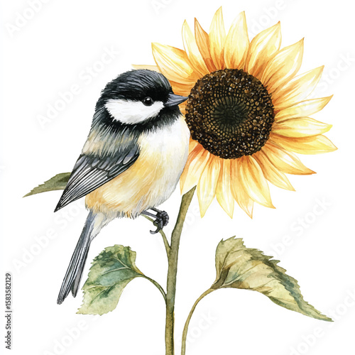 Watercolor Chickadee Perched Beside a Vibrant Sunflower in Bloom