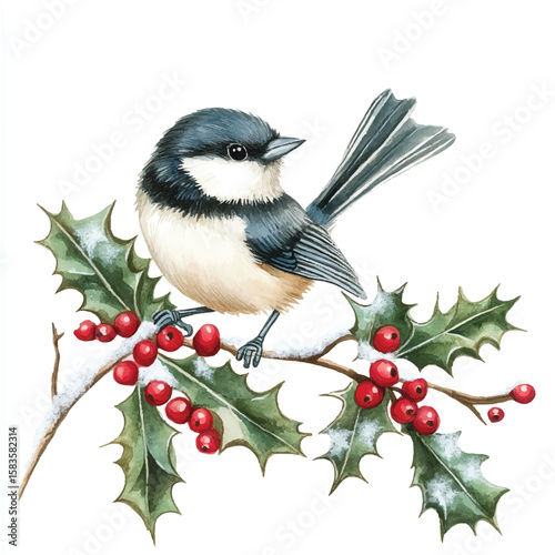 Watercolor Chickadee Perched on Holly Branch with Red Berries and Snow