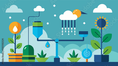 An AIpowered irrigation system automatically adjusting water flow based on crop type growth stage and local weather forecast.. Vector illustration