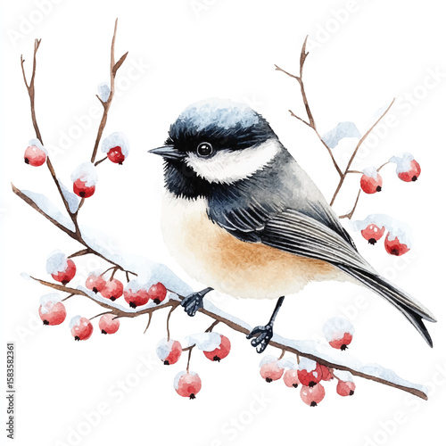 Watercolor Chickadee Perched on Snowy Branch with Red Berries