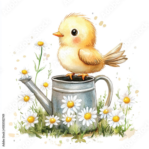 Watercolor Chickadee Perched on Watering Can Surrounded by Daisies in Bloom