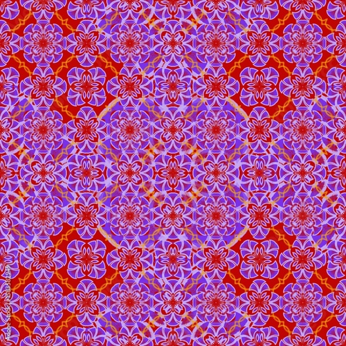 seamless floral pattern,red,purple,yellow curves and paint into flowers,leaves with background in geometric patterns as sarong,tile,fabric,printed fabric,tablecloth patterns