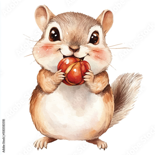 Watercolor Chipmunk Holding a Small Pumpkin with Adorable Expression