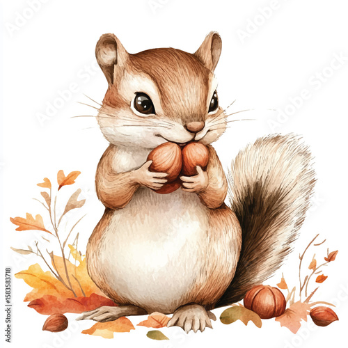 Watercolor Chipmunk Holding Nuts Amidst Autumn Leaves Cute and Charming Illustration