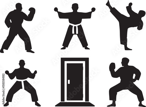 Martial Arts Vector Set Karate Silhouettes Fighting Poses Self-Defense Training Kicking Punching Stance Doorway
