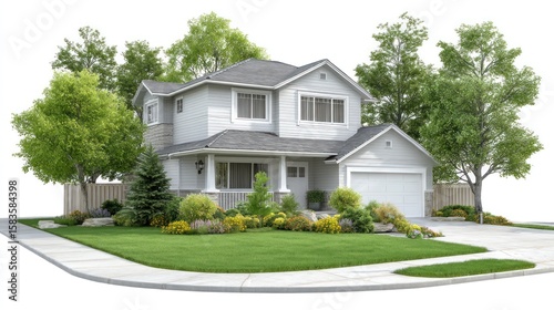 3D render of a two-story detached house with garage and landscaped lawn, white background