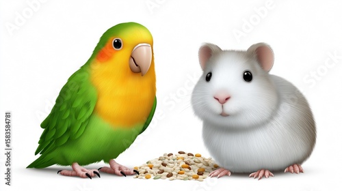 Green parrot and white hamster with seeds on white background