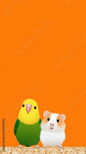 Colorful yellow-green parrot and white-orange guinea pig on vibrant orange background