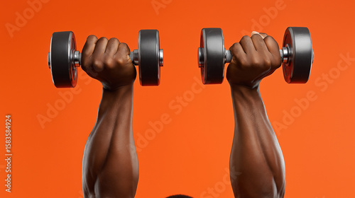 Strong african male lifting dumbbells against vibrant orange background