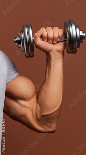 Muscular caucasian male arm lifting dumbbell in fitness pose