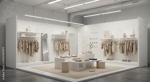 白を基調としたミニマルな空間で、柔らかな光が優しく衣類を照らす上品なブティック This translates roughly to: 