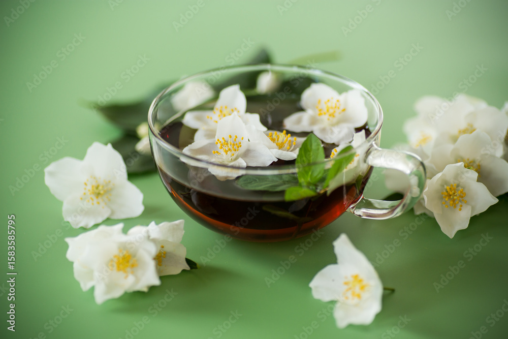 Green tea with jasmine in a glass teapot from above Green tea with jasmine in a glass teapot from above