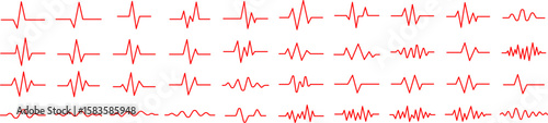 Set of red ECG heartbeat line or audio waveform line icons in various shapes. Isolated on transparent background, ideal for health monitoring, digital heartbeat graphics
