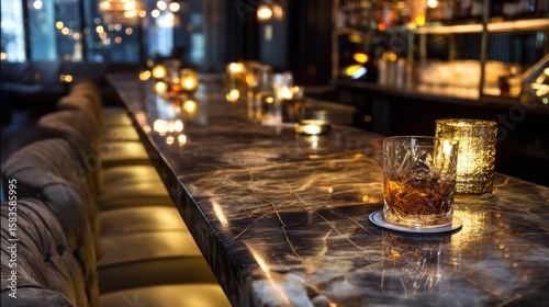 High-end hotel bar lounge at night, marble counter top with untouched cocktails and coasters, luxurious gold accents, soft ambient lighting, plush velvet seating empty, elegant and quiet,