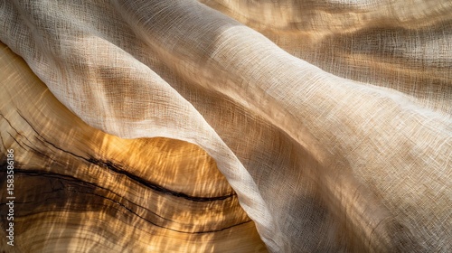 Abstract background with wood texture and flowing linen fabric creating depth and warmth