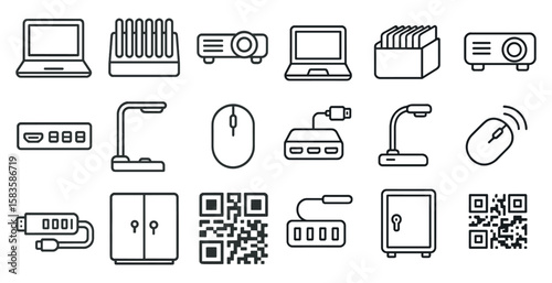 Collection of computer peripherals and accessories. The image is a collection of icons that represent various computer peripherals and accessories