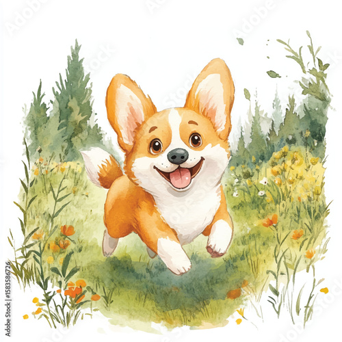 Watercolor Corgi Joyfully Running Through a Sunny Meadow with Trees