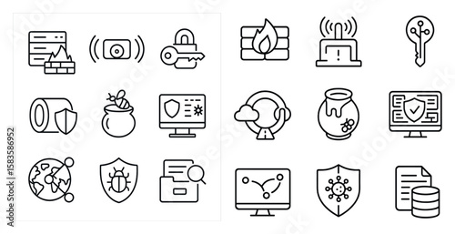 Set of icons for various computer and security related items. The icons include a key, a camera, a computer monitor, a keyboard, a mouse, a fire hydrant, a shield, a lock, a wallet, a book