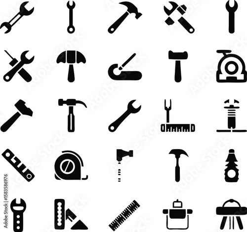 Black and White Tool Icons Set Collection tools wrench