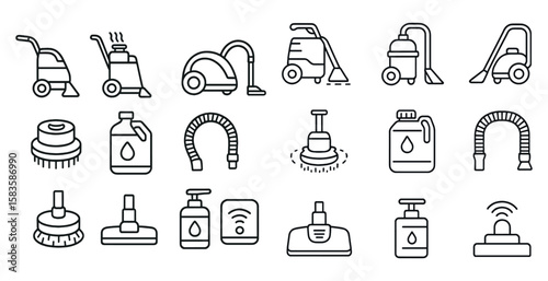 Set of cleaning tools and supplies are shown in a line drawing. Concept of organization and cleanliness, as the various items are neatly arranged in a row. The tools include a vacuum cleaner, a mop