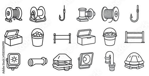 Collection of various items, including a bucket, a box, and a fishing net. The items are all drawn in a simple, stylized manner