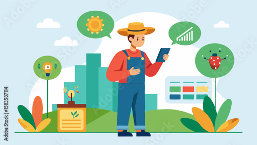 An illustration of a farmer receiving realtime alerts and notifications about potential crop diseases or pest infestations through their remote farm management app.. Vector illustration