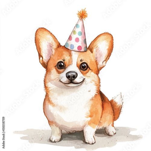 Watercolor Corgi Wearing Party Hat Smiling with Joyful Expression (2)