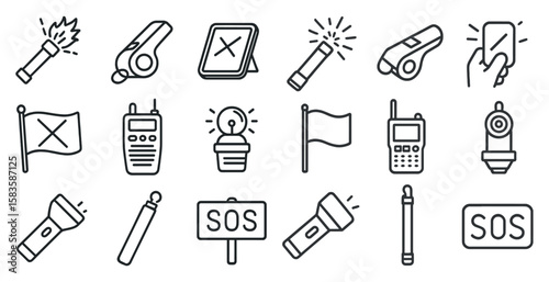 Collection of icons for various devices and tools, including a flashlight, a cell phone, a whistle, and a sign that says "SOS"