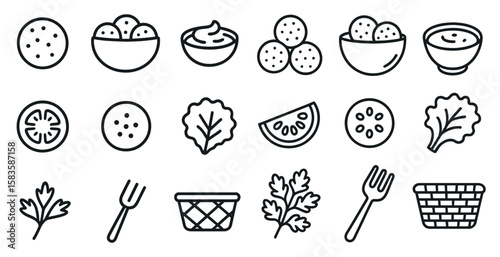 Set of food icons including a fork, knife, spoon, and a basket. The icons are arranged in a grid and include items such as a tomato, lettuce, and a bowl of food