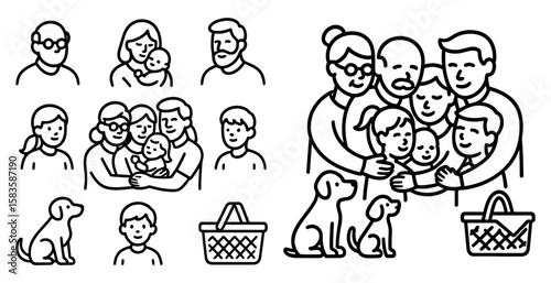 Family of people and a dog are shown in a series of drawings. The drawings are of people of different ages, including a baby, and a dog. The mood of the images is warm and loving