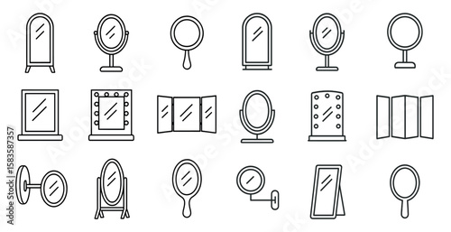 Collection of mirrors and other bathroom accessories. The collection includes a variety of mirrors, such as full-length, vanity, and wall-mounted mirrors, as well as other items like a makeup mirror